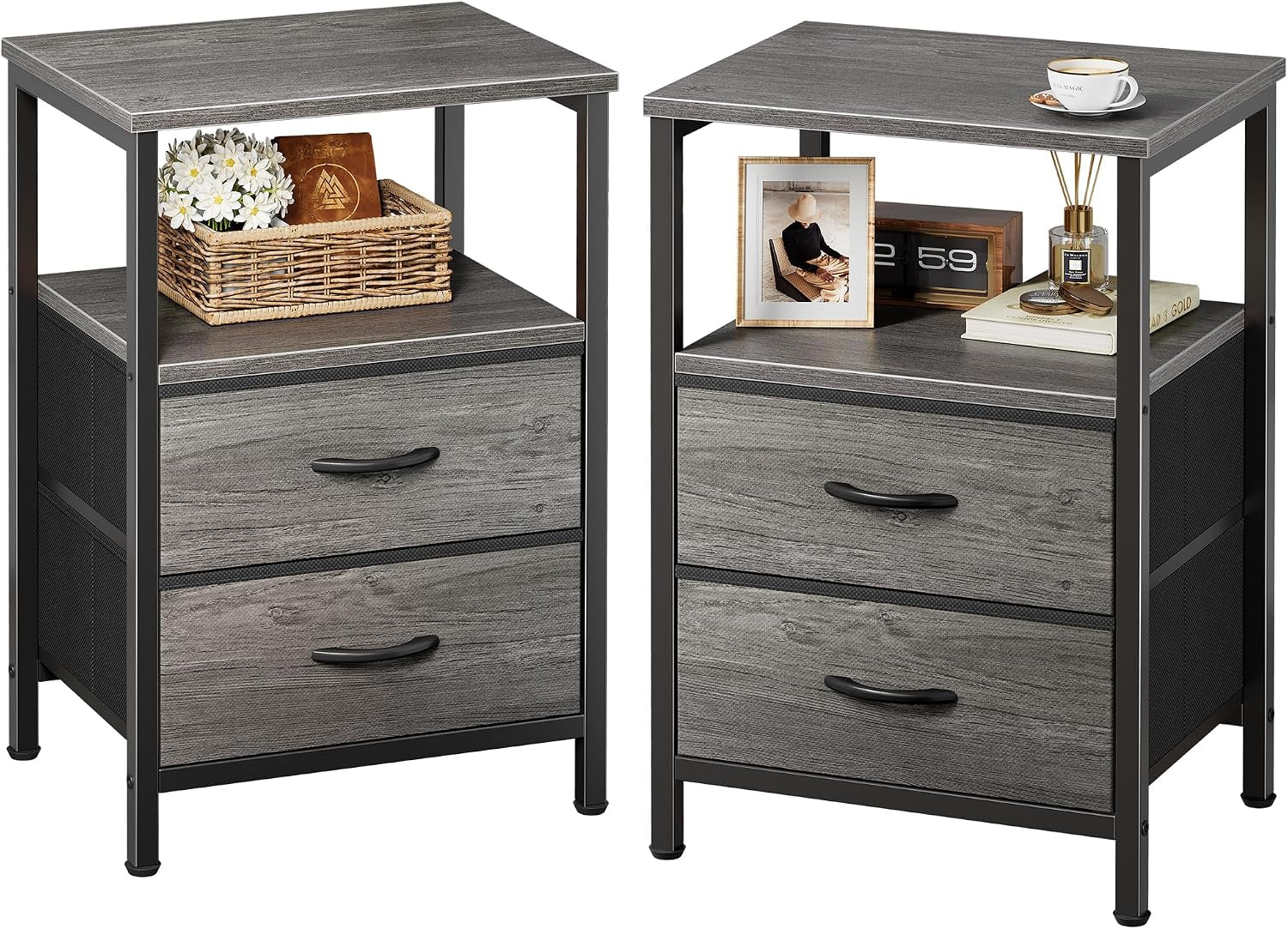 Pair of gray wood-look nightstands with black frames, open shelf and two gray drawers, staged with basket and decor.