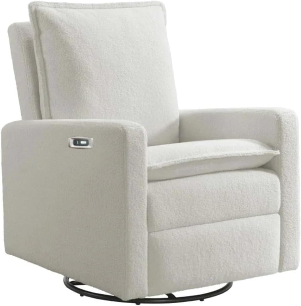 White boucle glider recliner on white background showing chrome recline lever and round swivel base.