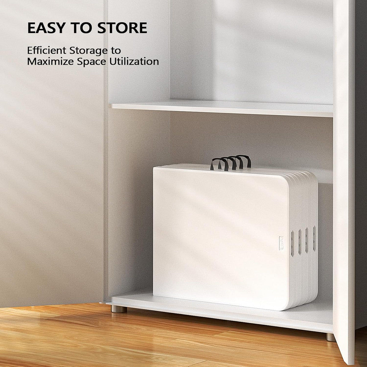 Several folded white tables stored upright on a shelf with their carry handles visible.