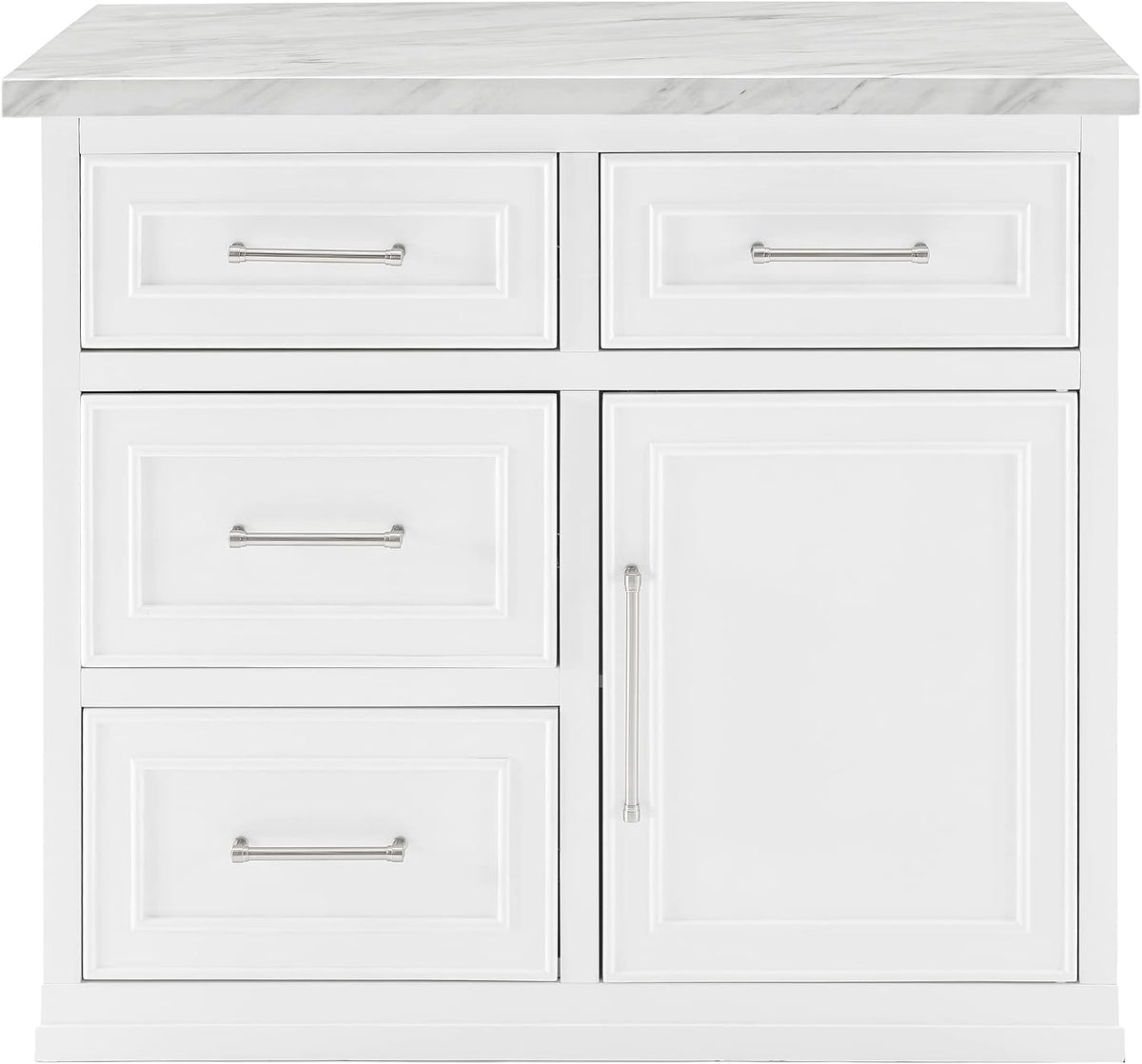 Front view of white kitchen island showing four drawers, single cabinet door and marble-look countertop