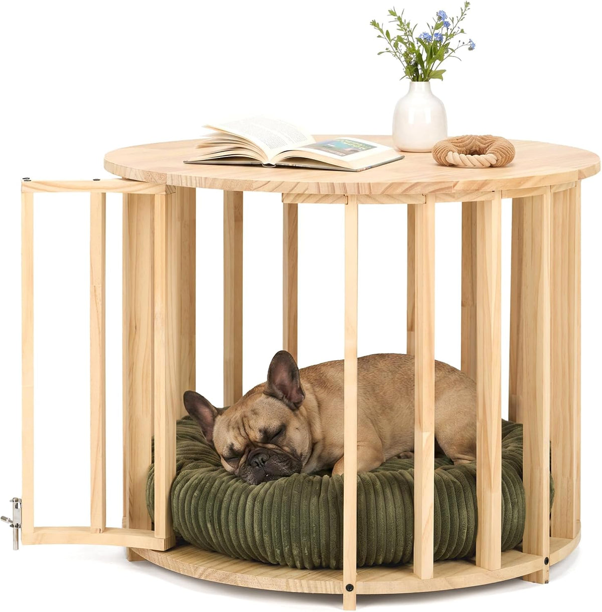 Round pine slatted crate table with the door open and a sleeping French bulldog inside on a green donut bed, tabletop with av
