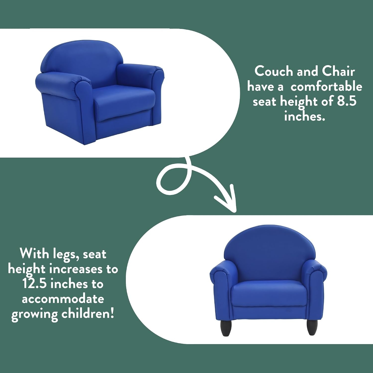 Graphic showing chair both without and with legs to illustrate increased seat height, shown in blue.
