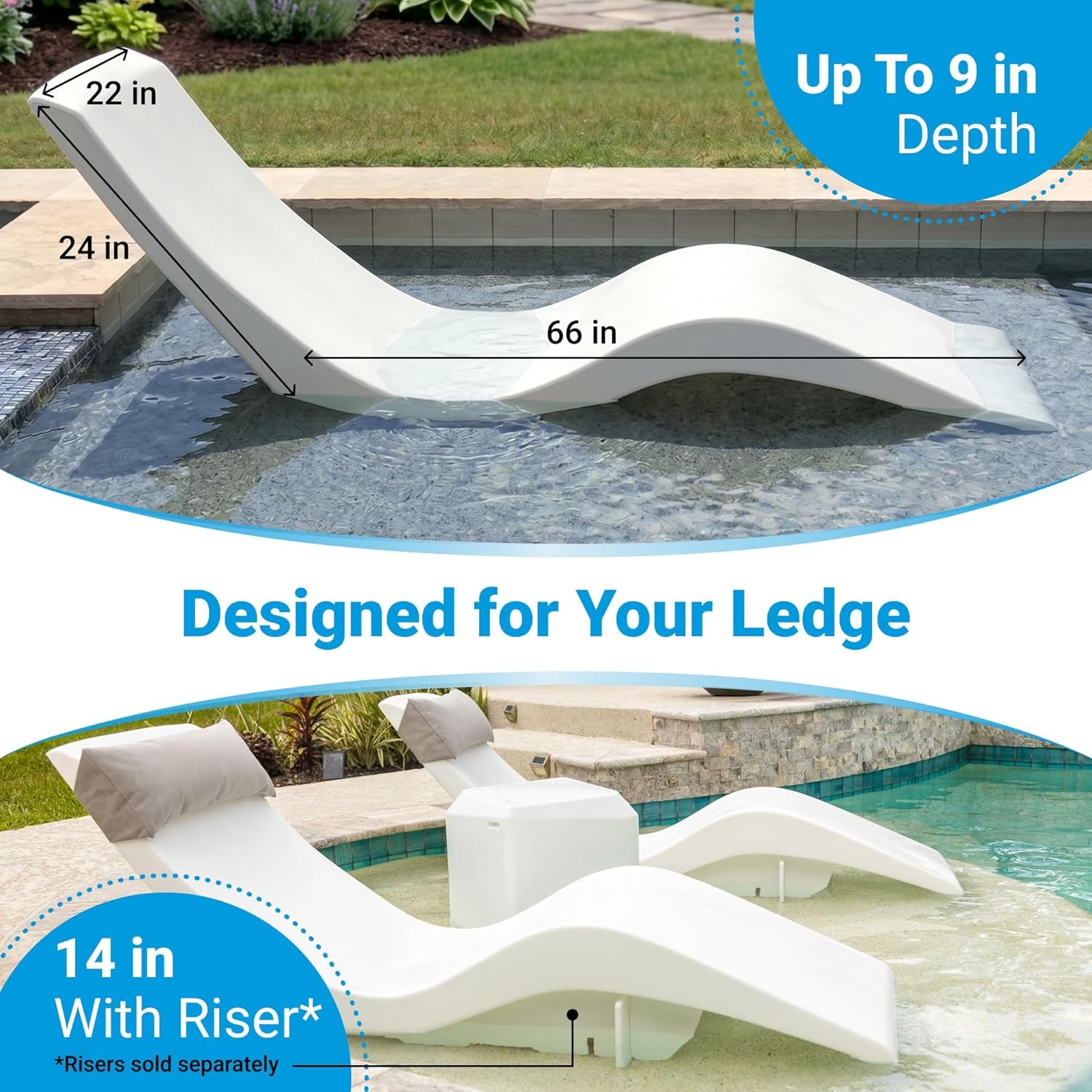Side-profile of a white contoured pool lounger in shallow water showing the curved shape and shallow ledge placement