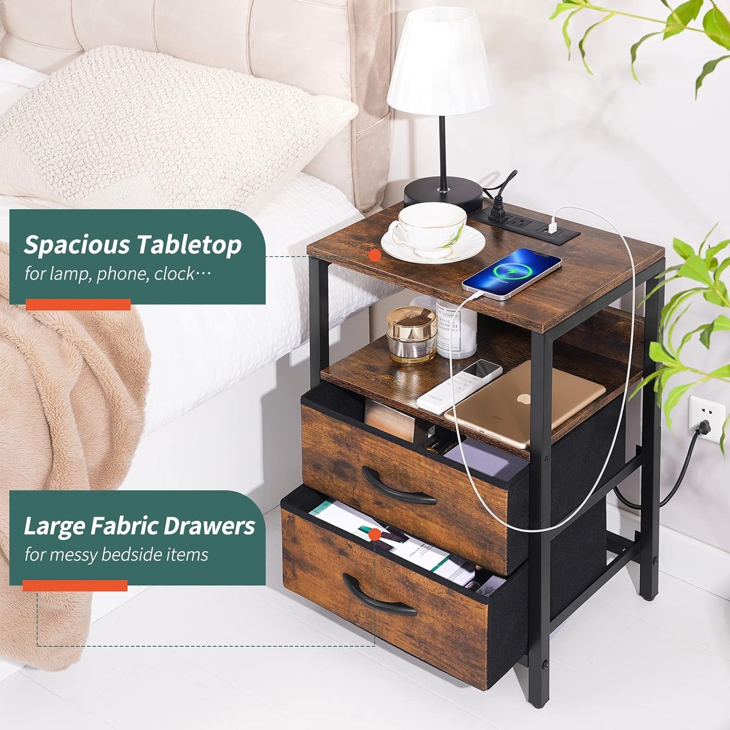 Nightstand beside a bed showing spacious tabletop, open shelf with items, and two large fabric drawers