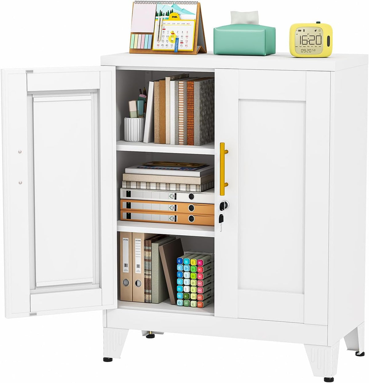 Short white metal cabinet with one door open, three shelves packed with binders and a marker set, small items on top.