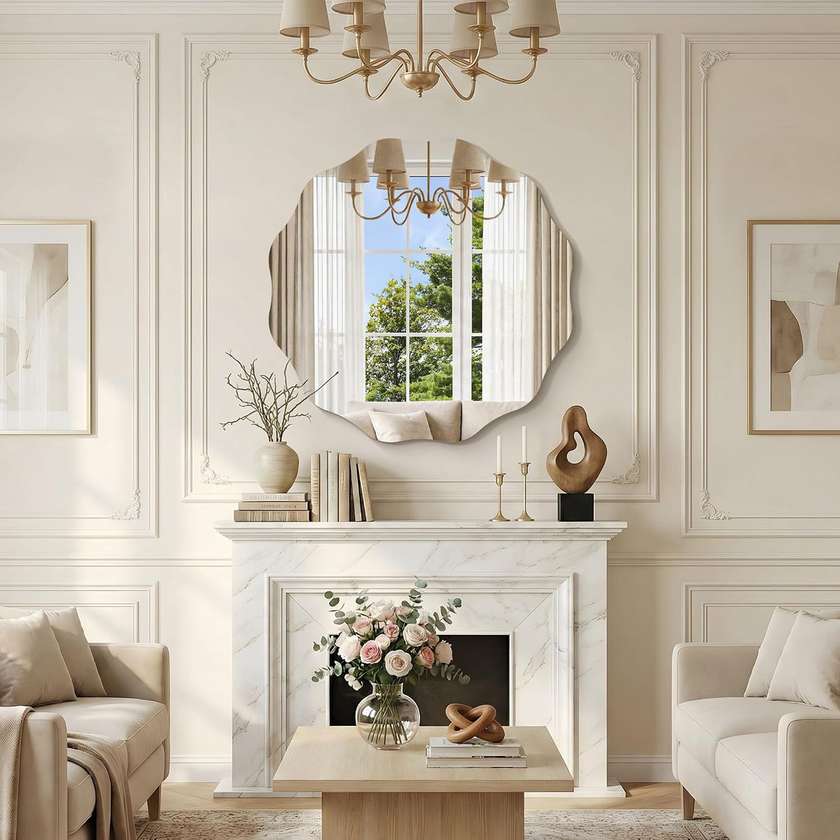 Scalloped mirror centered on a paneled wall reflecting a chandelier and a coffee table with a glass vase of roses.