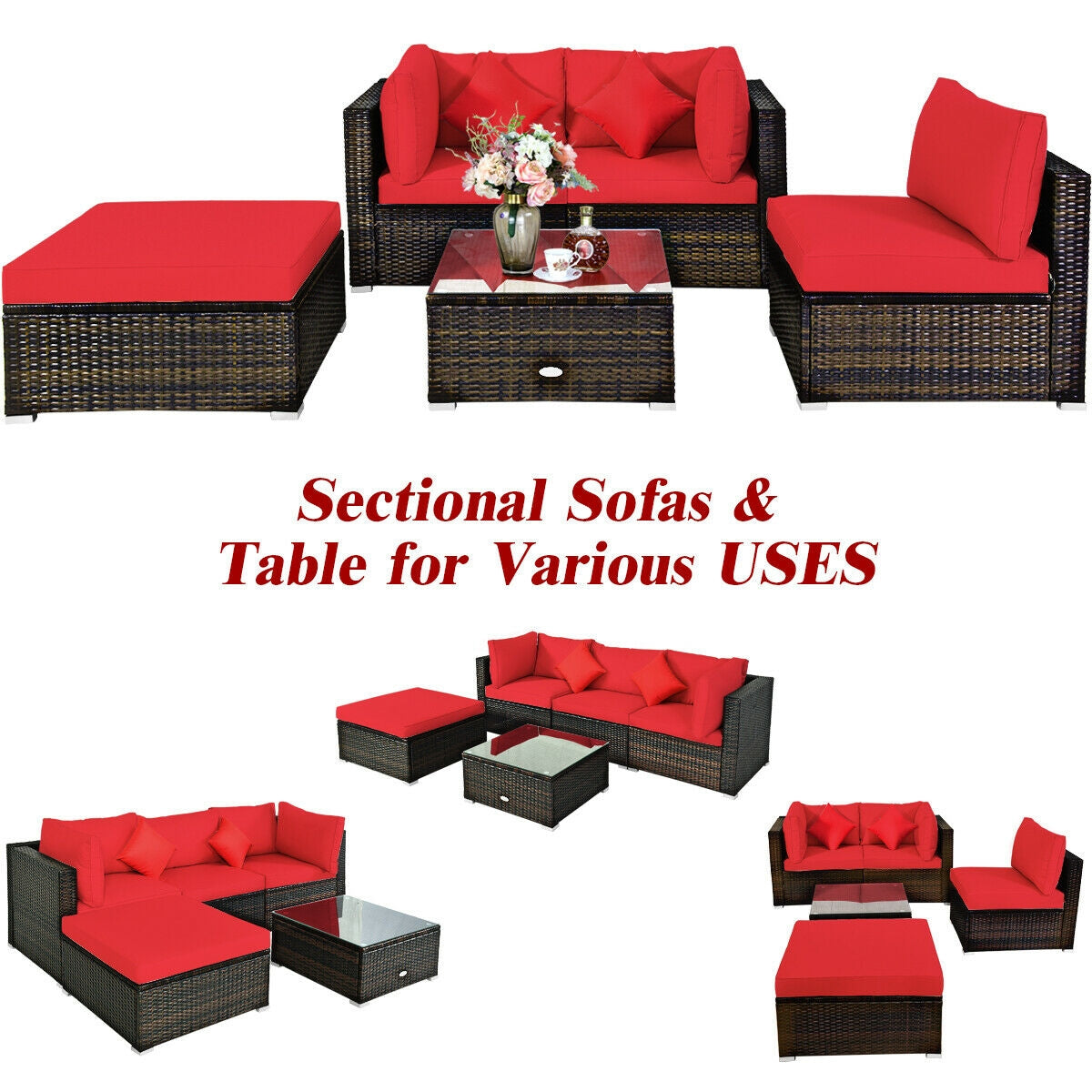5 Pcs Outdoor Patio Rattan Furniture Set Sectional Conversation with Navy Cushions, Red