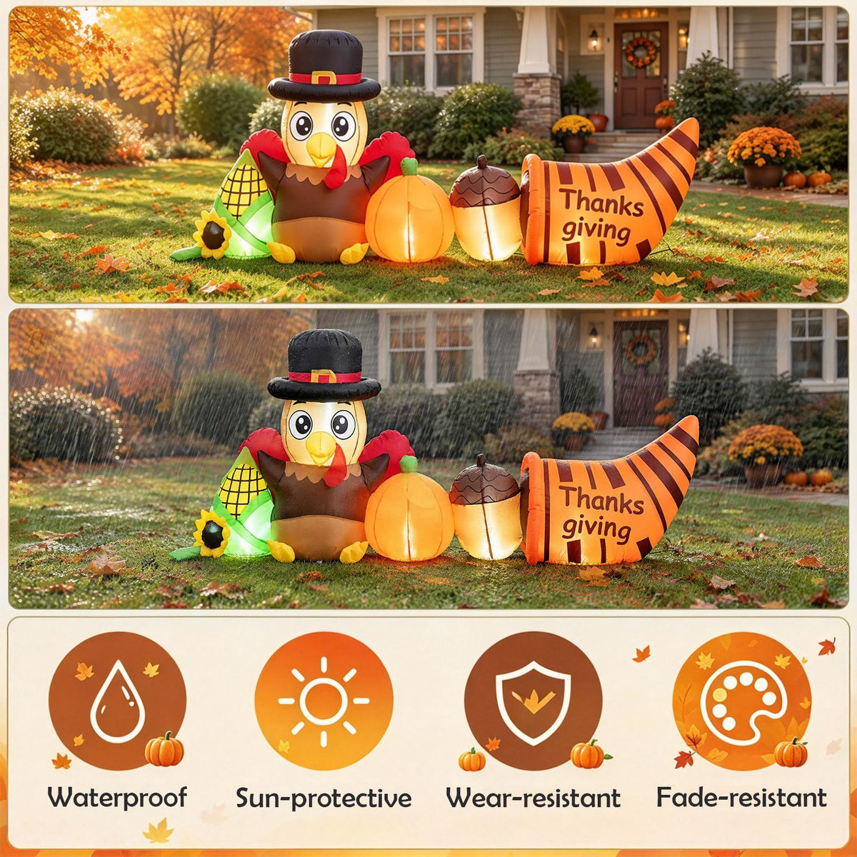 Two outdoor views of the inflatable turkey display above four circular feature icons.