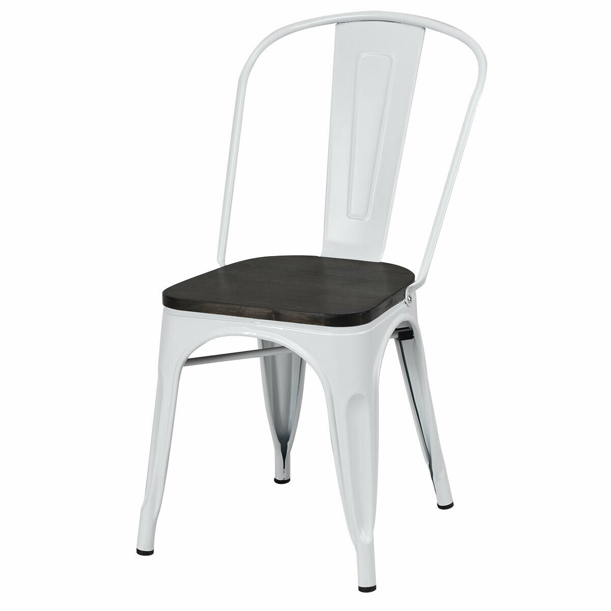 A white metal dining chair with a dark wood seat, shown at an angle against a white background.