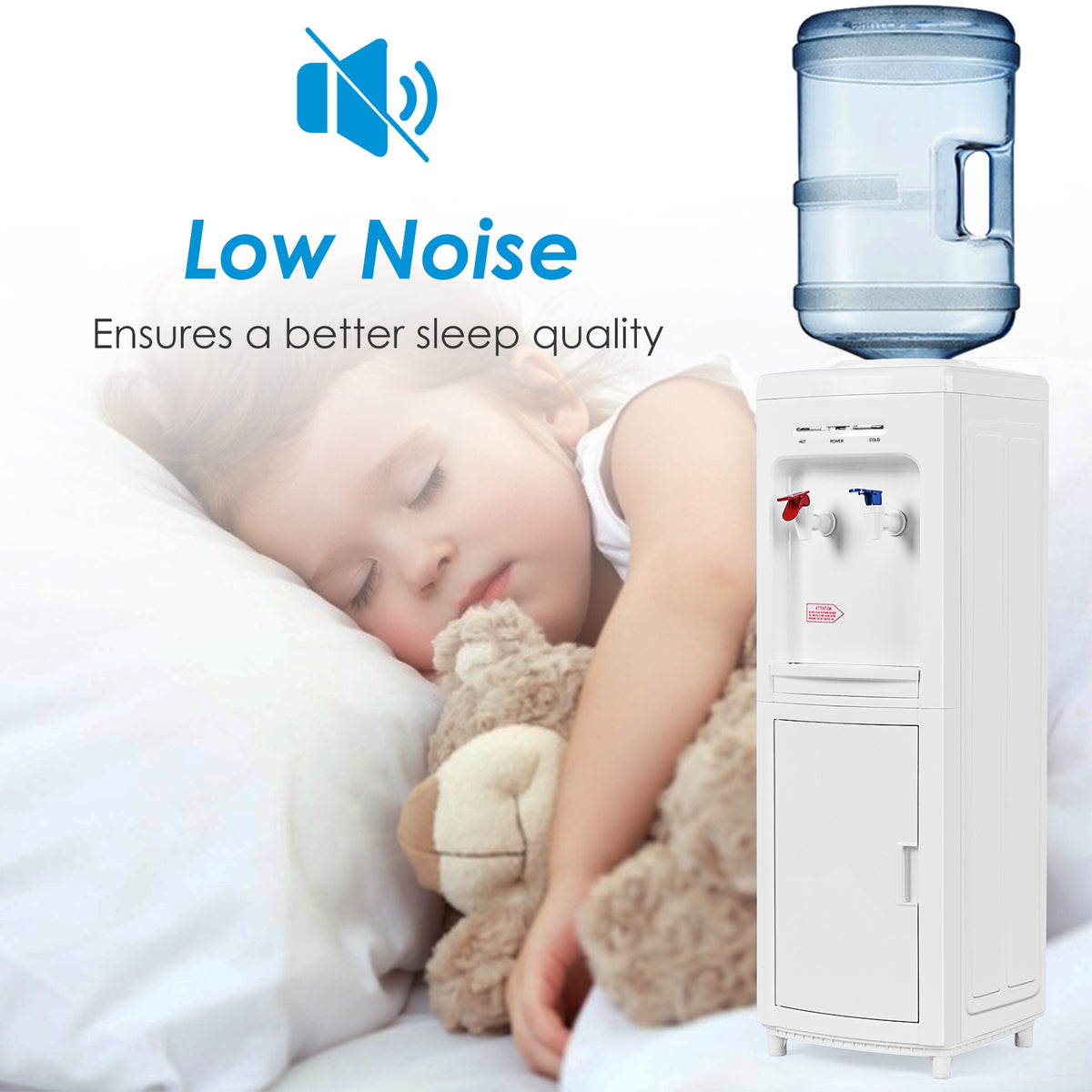 White water cooler with a blue bottle beside a sleeping child cuddling a stuffed toy.