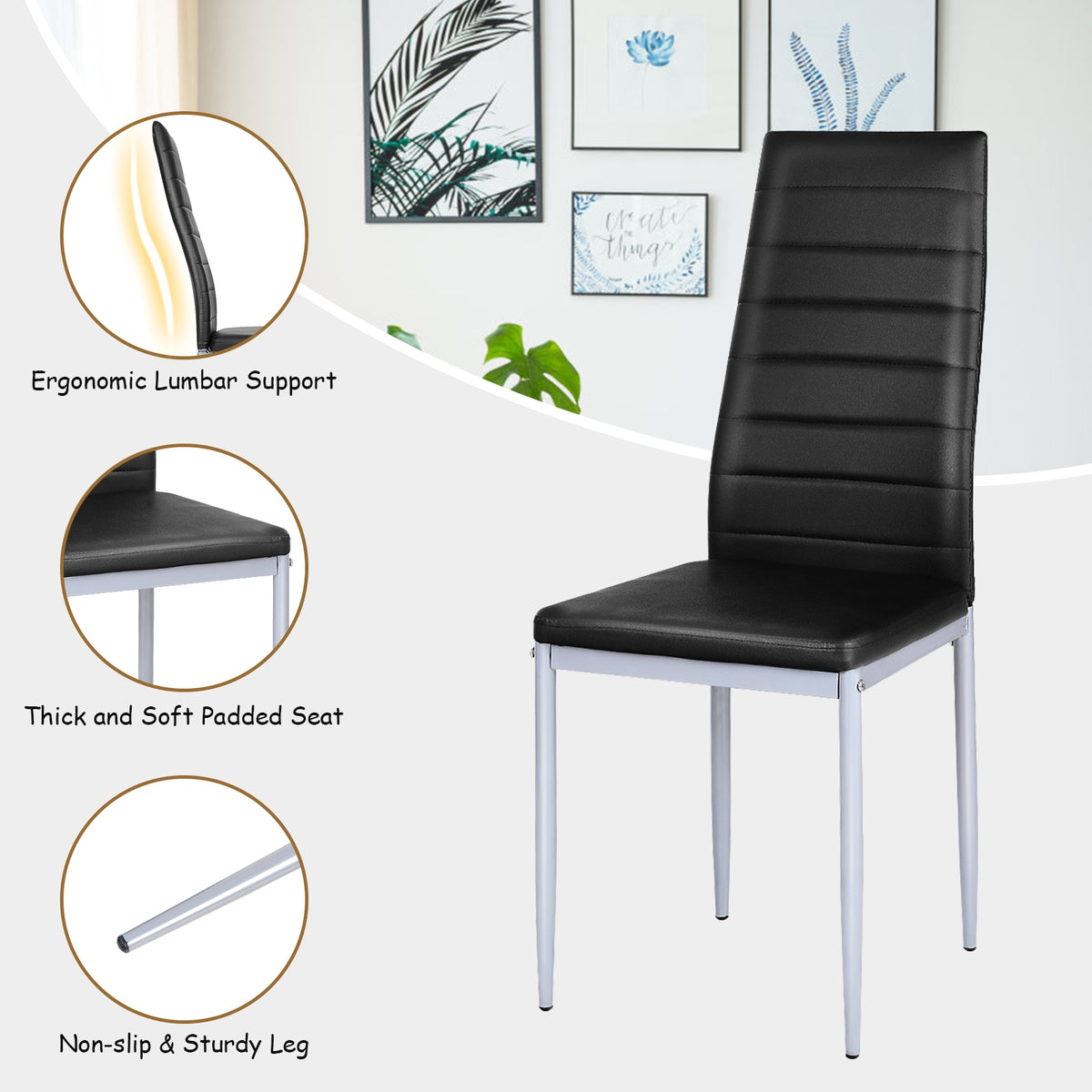 Black padded chair with close-up insets showing its curved back, cushioned seat, and metal leg.