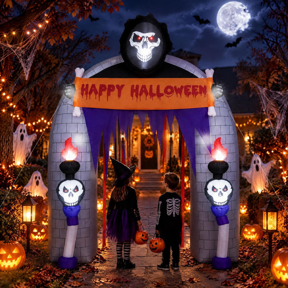 Halloween reaper archway with children standing beneath it outdoors