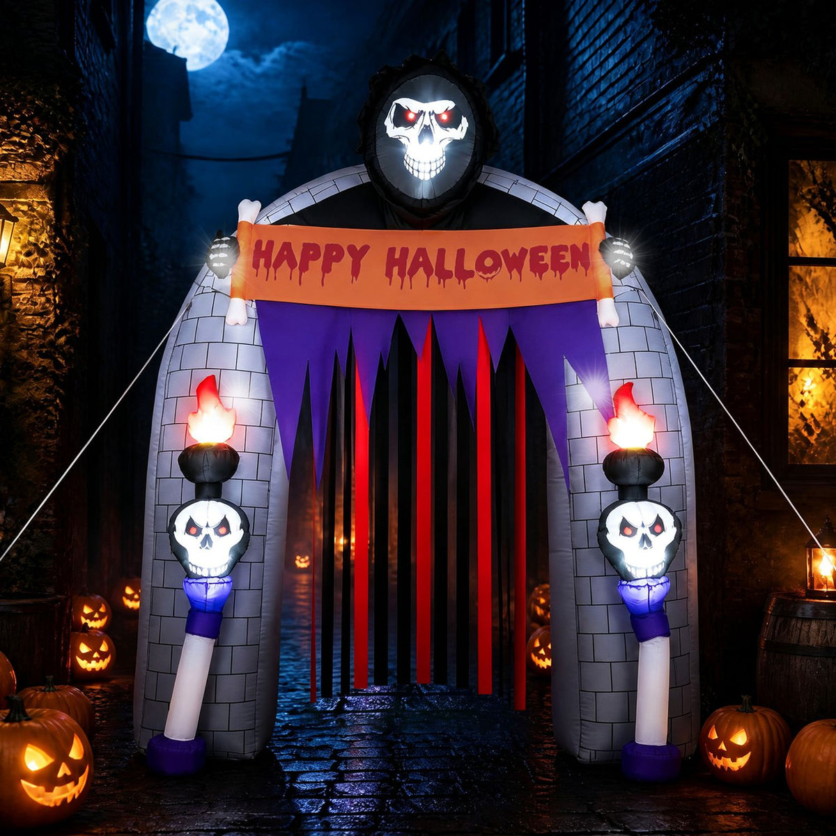 Lit reaper archway with a strip curtain on a dark outdoor path
