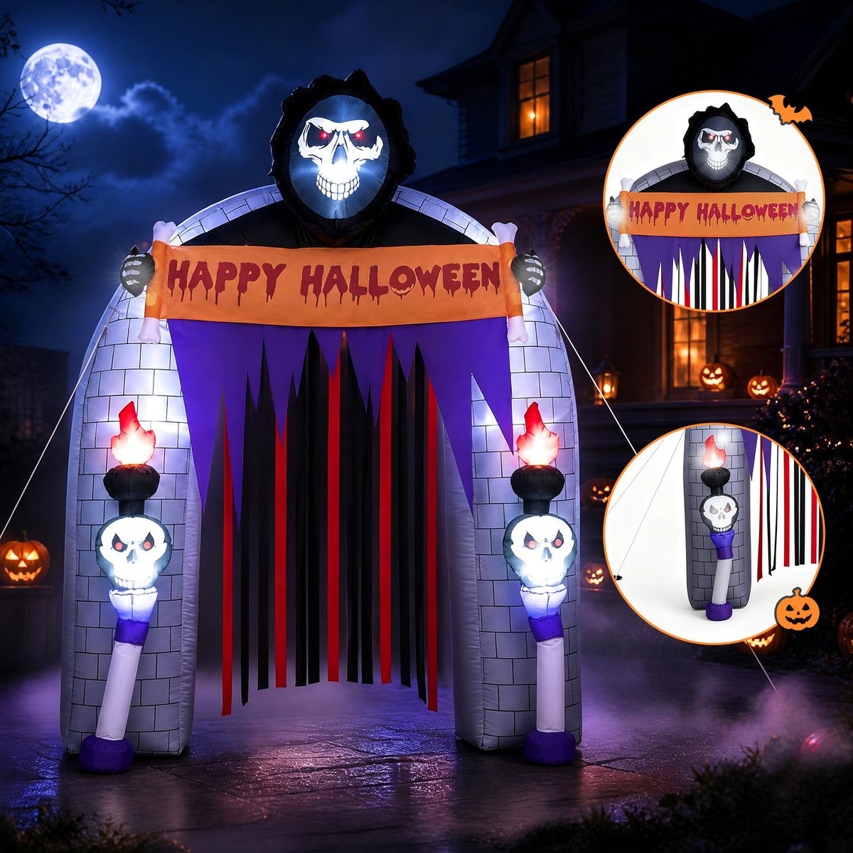 Nighttime Halloween archway scene with inset views of its curtain and side details