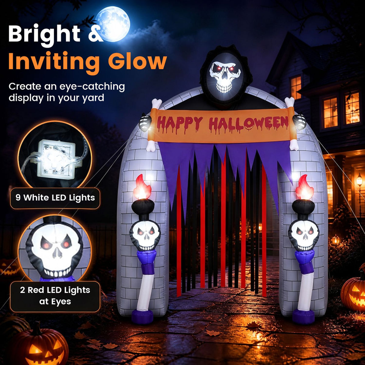Glowing reaper archway shown with inset views of its lights and illuminated skull eyes.