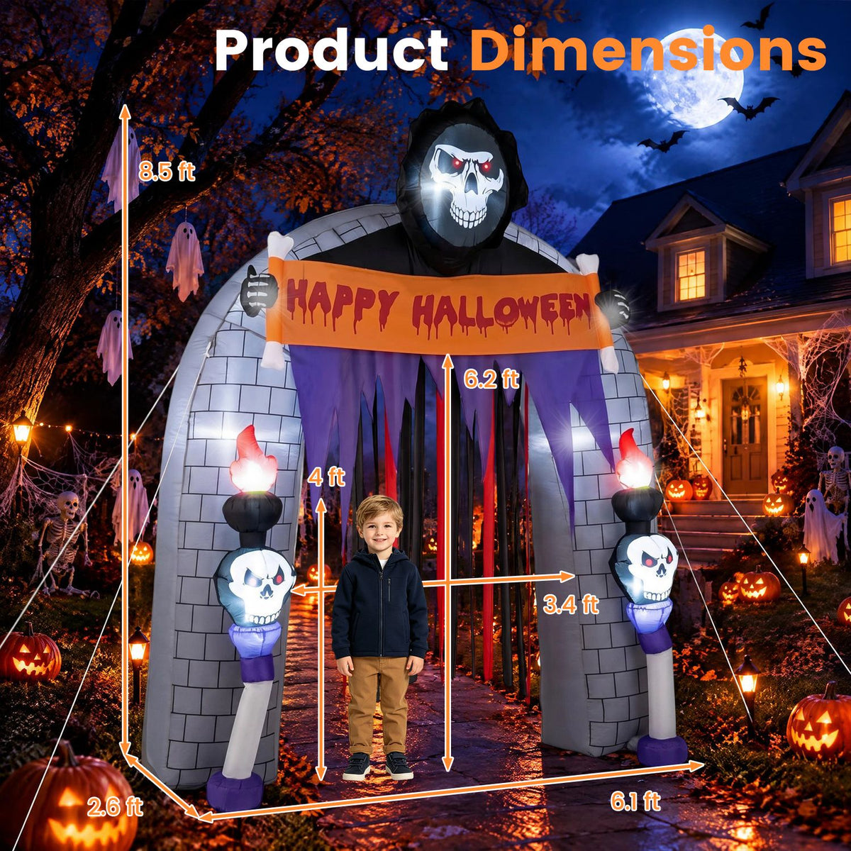 Halloween reaper archway beside a graphic showing its dimensions