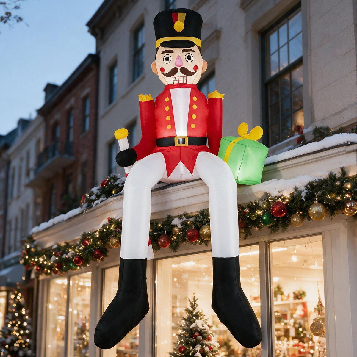 A seated nutcracker inflatable with a green gift overlooks a storefront trimmed with festive lights.