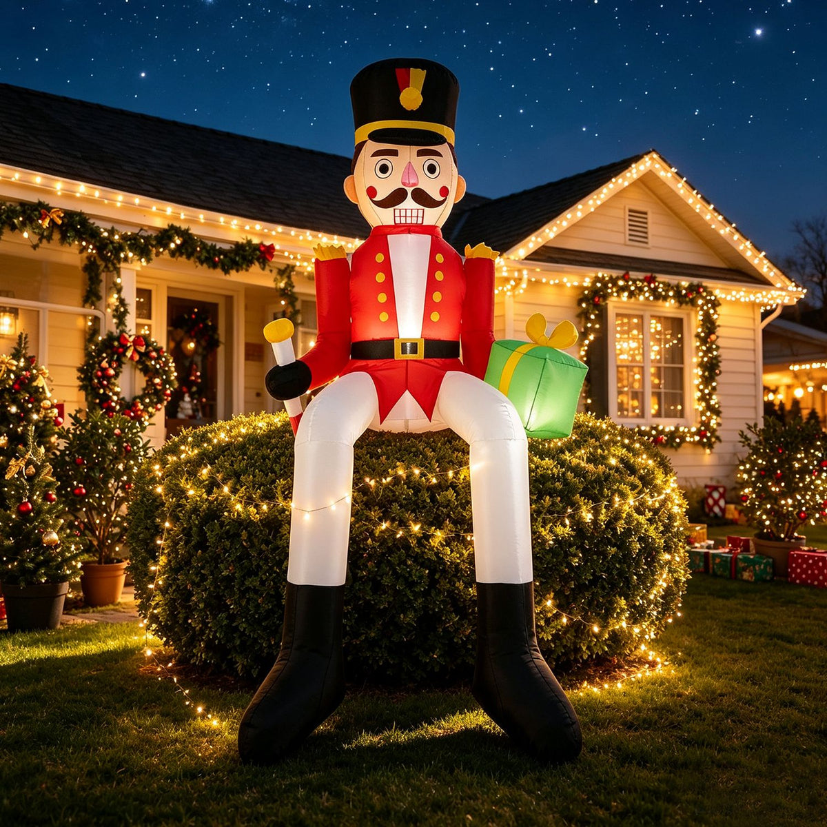 Inflatable nutcracker sits on a garden hedge in front of a house decorated with glowing Christmas lights.