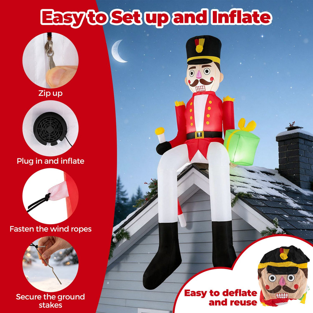 Inflatable nutcracker displayed on a snowy roof beside circular illustrations of setup steps.