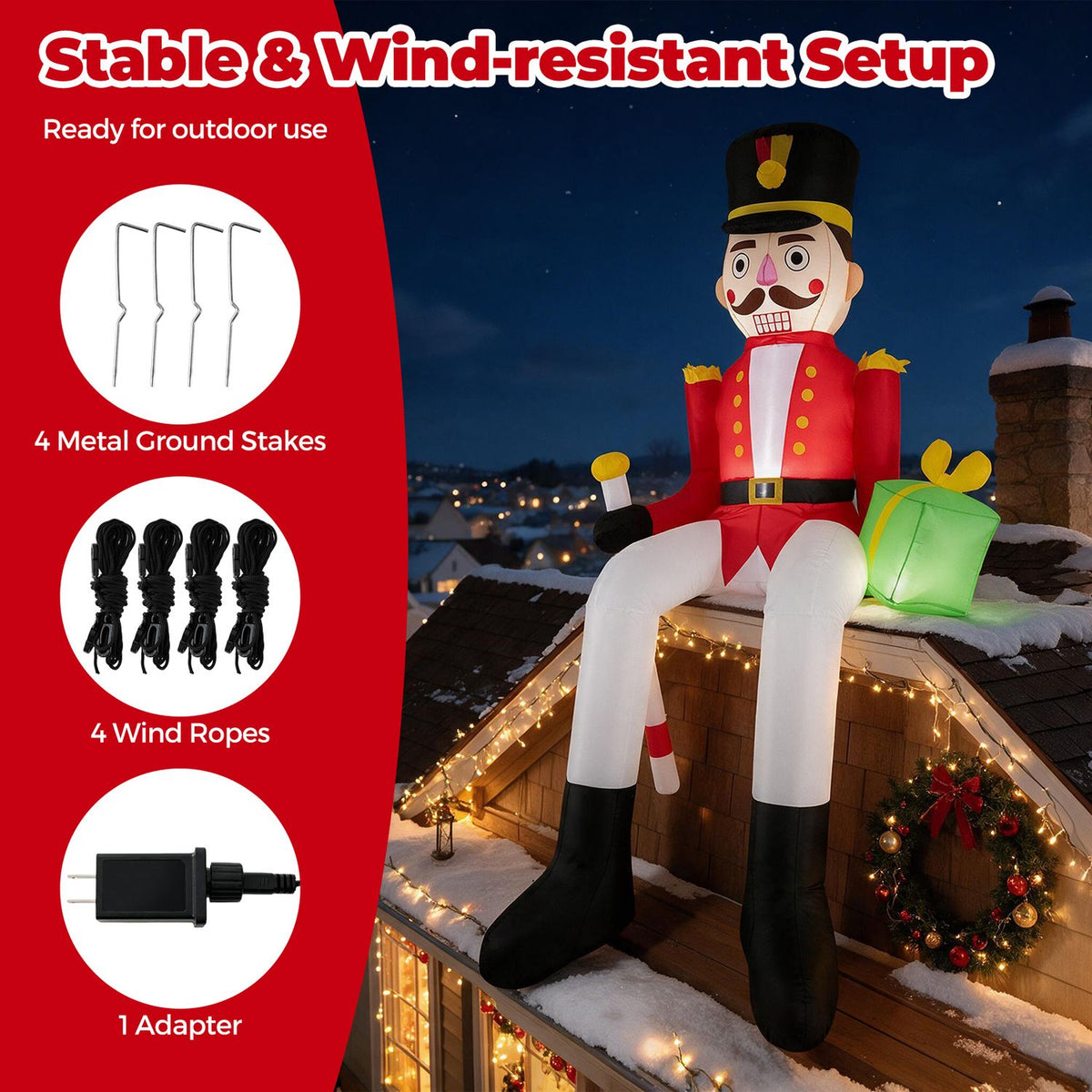 Nutcracker decoration stands on a roof alongside illustrations of ground stakes, ropes, and an adapter.