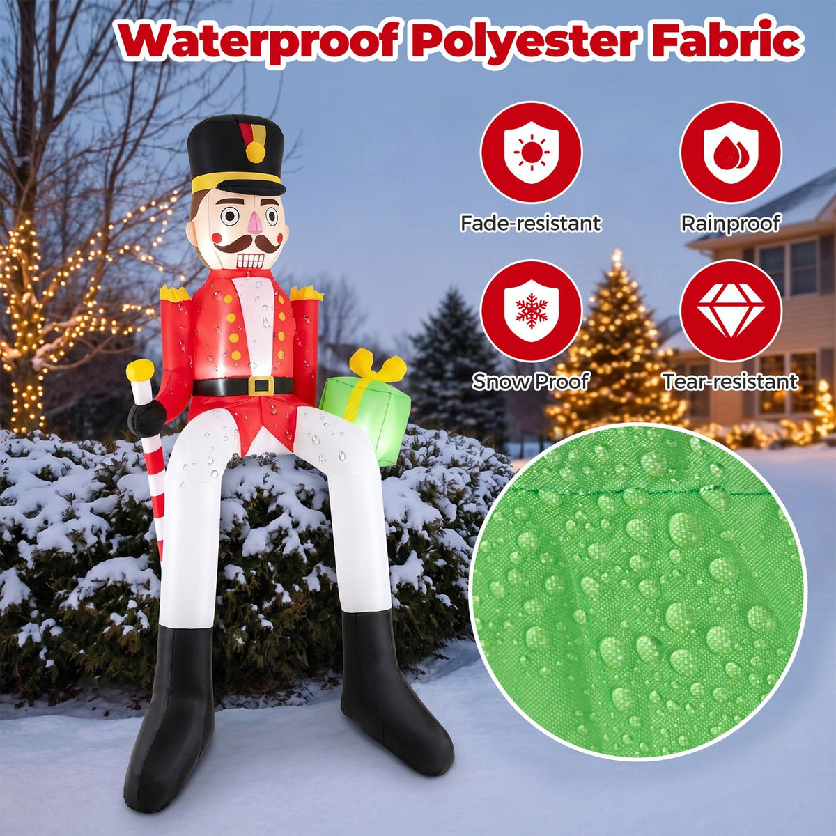 Nutcracker stands in snow beside a close-up of water droplets on green fabric.