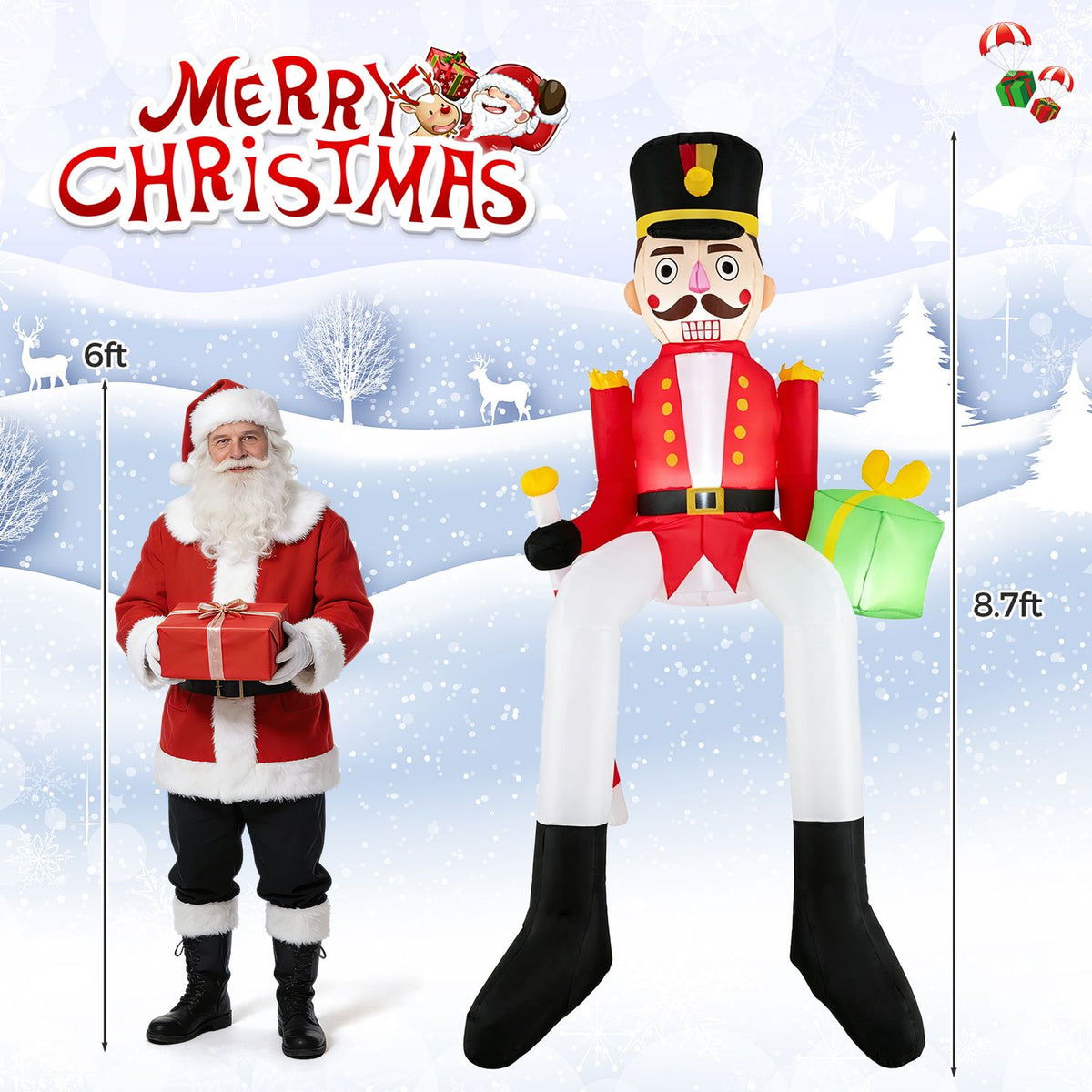 A nutcracker inflatable stands beside Santa in a snowy scene, with height markers alongside both figures.