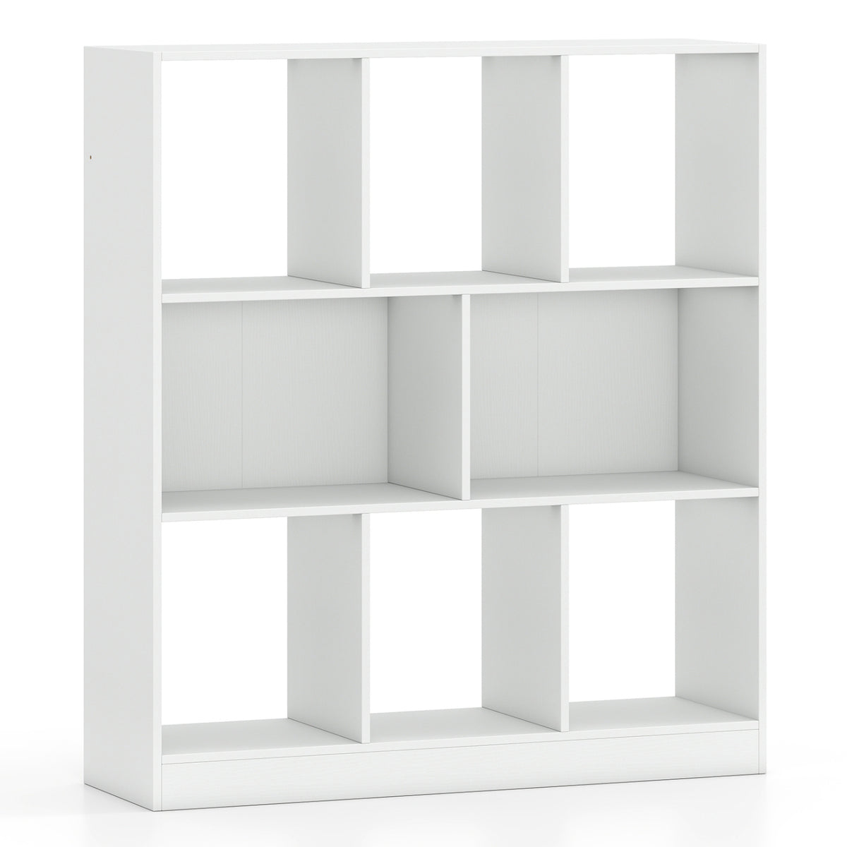 Unfilled white bookcase showing its open compartments and varied shelf dividers.