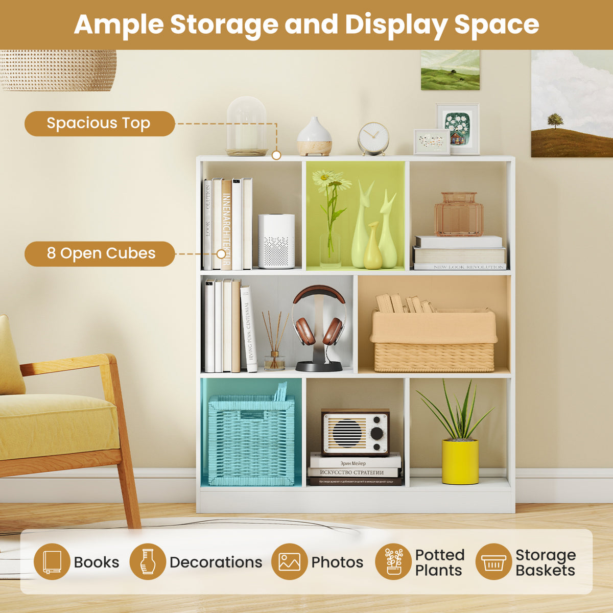 White cube bookcase filled with books, baskets, plants, and decorative objects.