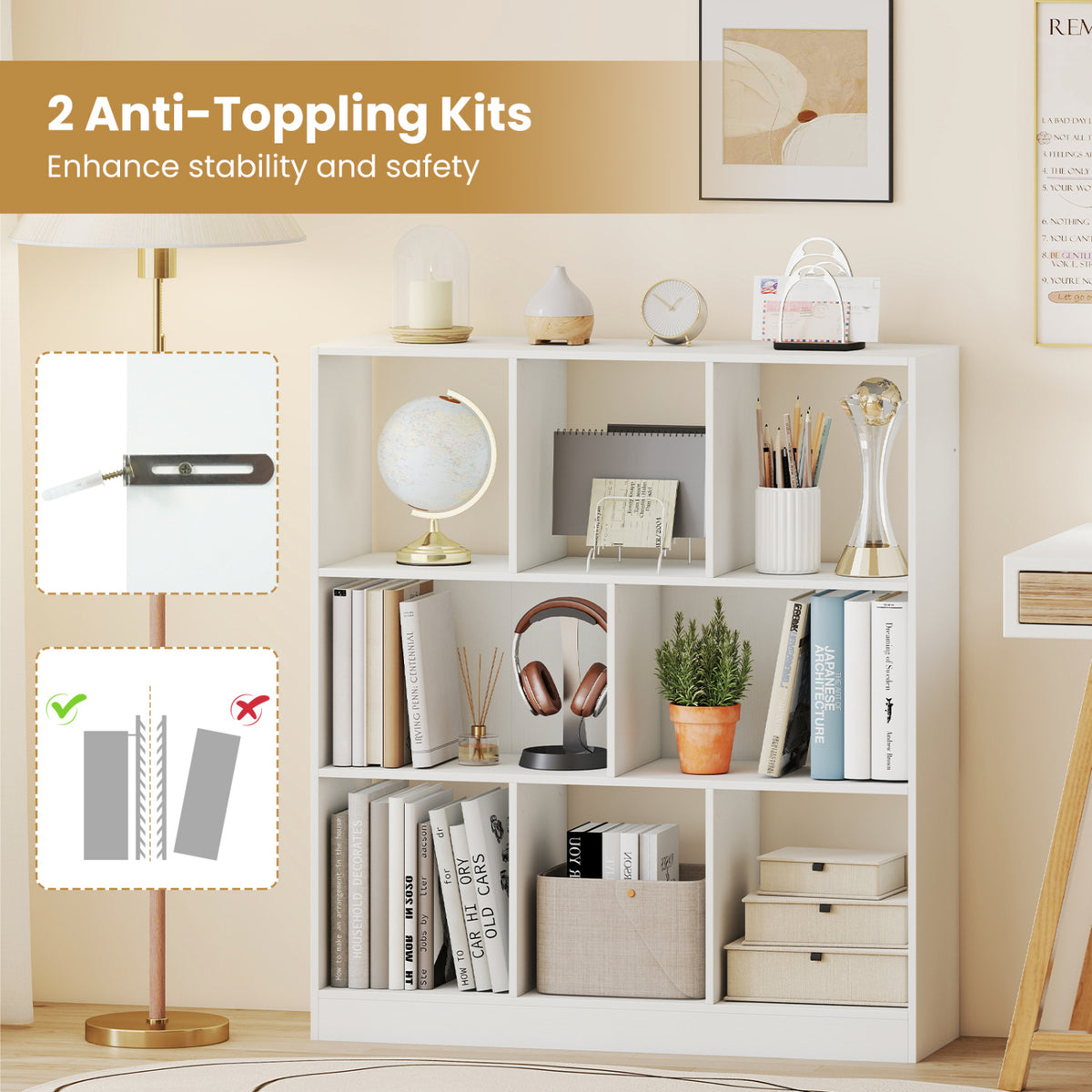 Styled white cube bookcase beside inset images showing wall-fixing hardware.