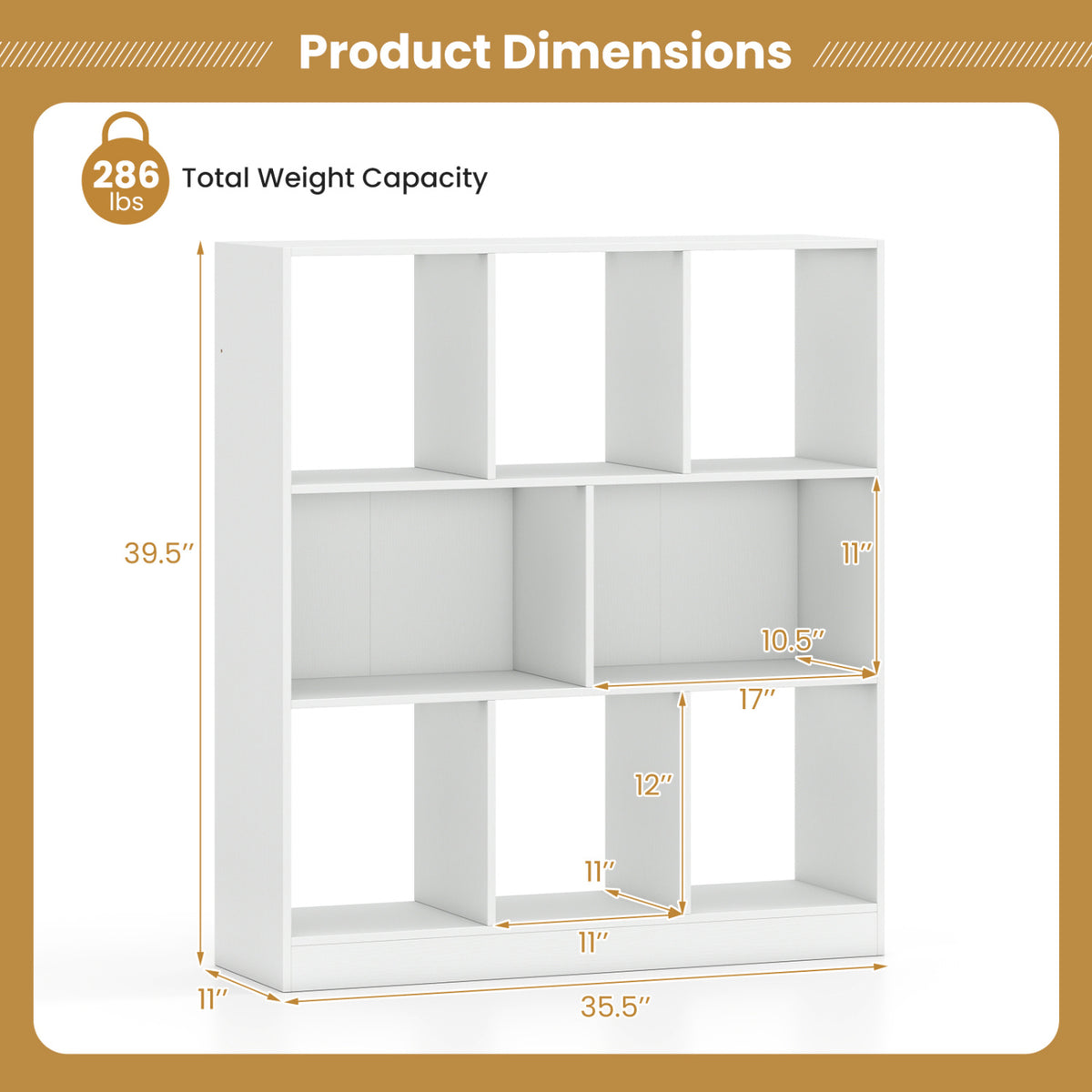White cube bookcase shown with measurement arrows and compartment dimensions.