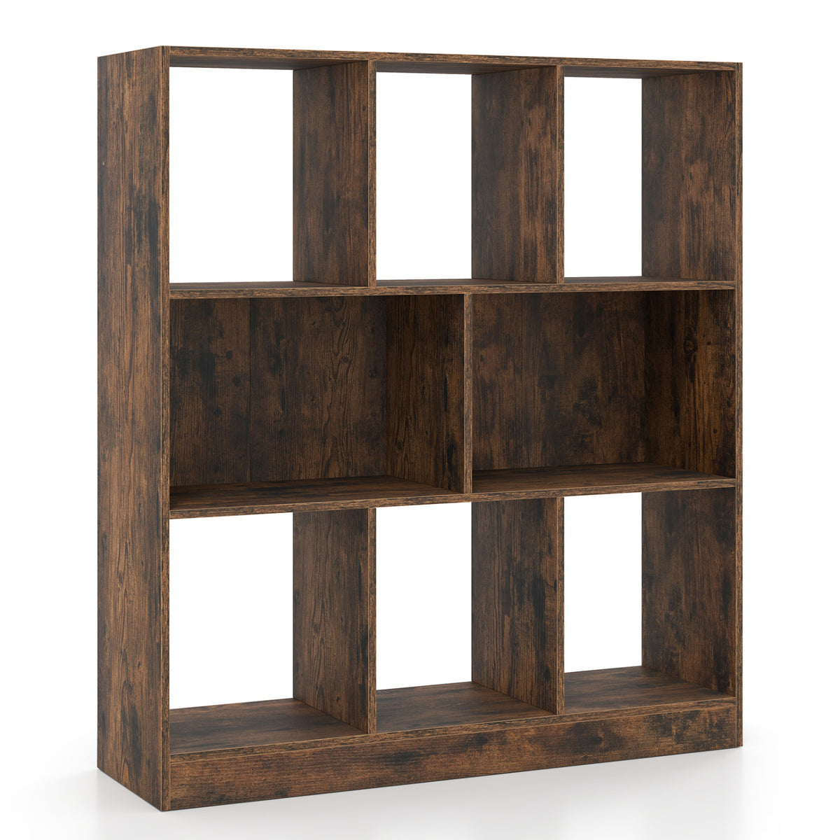 Unstyled dark wood cube bookcase shown against a white background.
