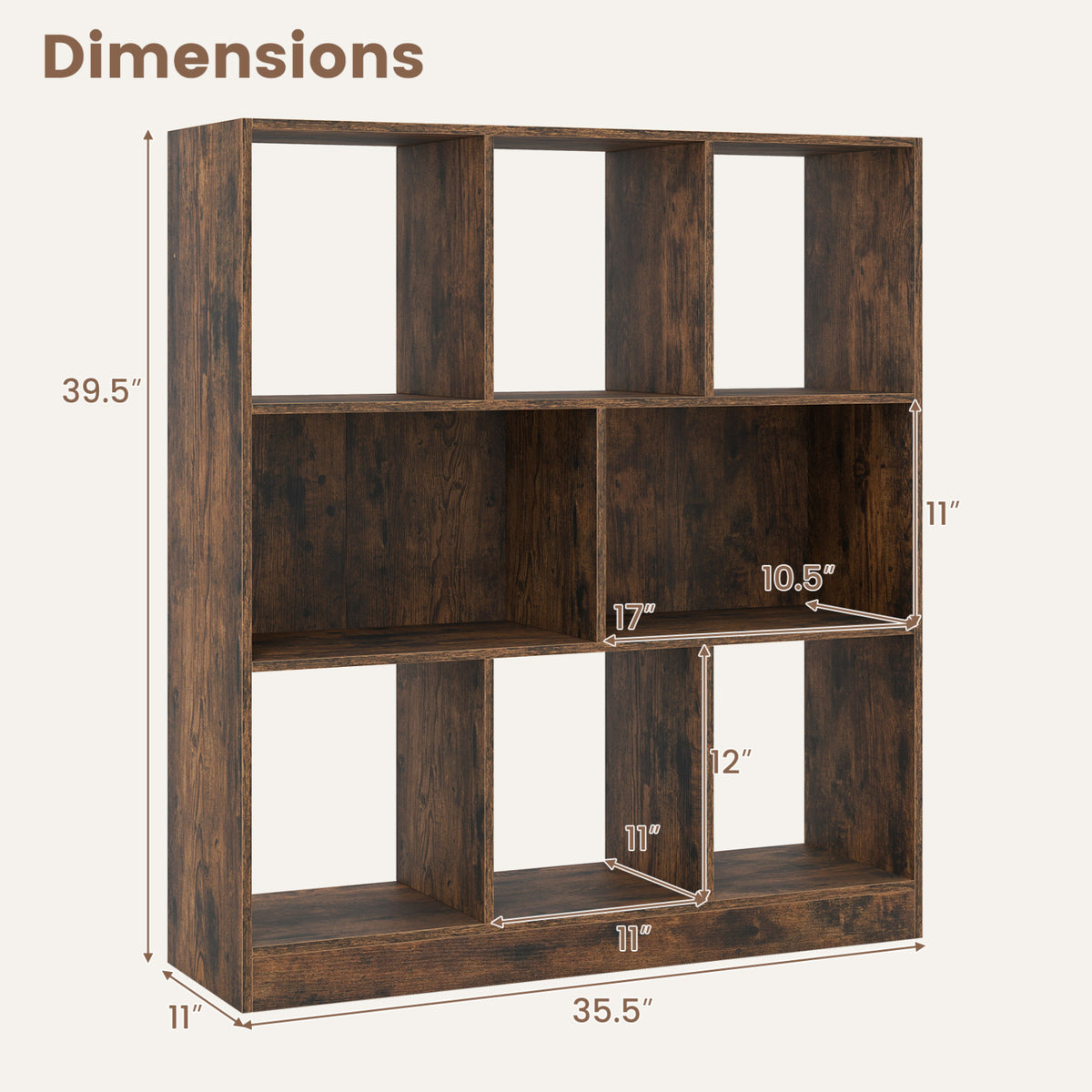 Dark wood bookcase shown from the front at an angle, with eight open compartments in two sizes.