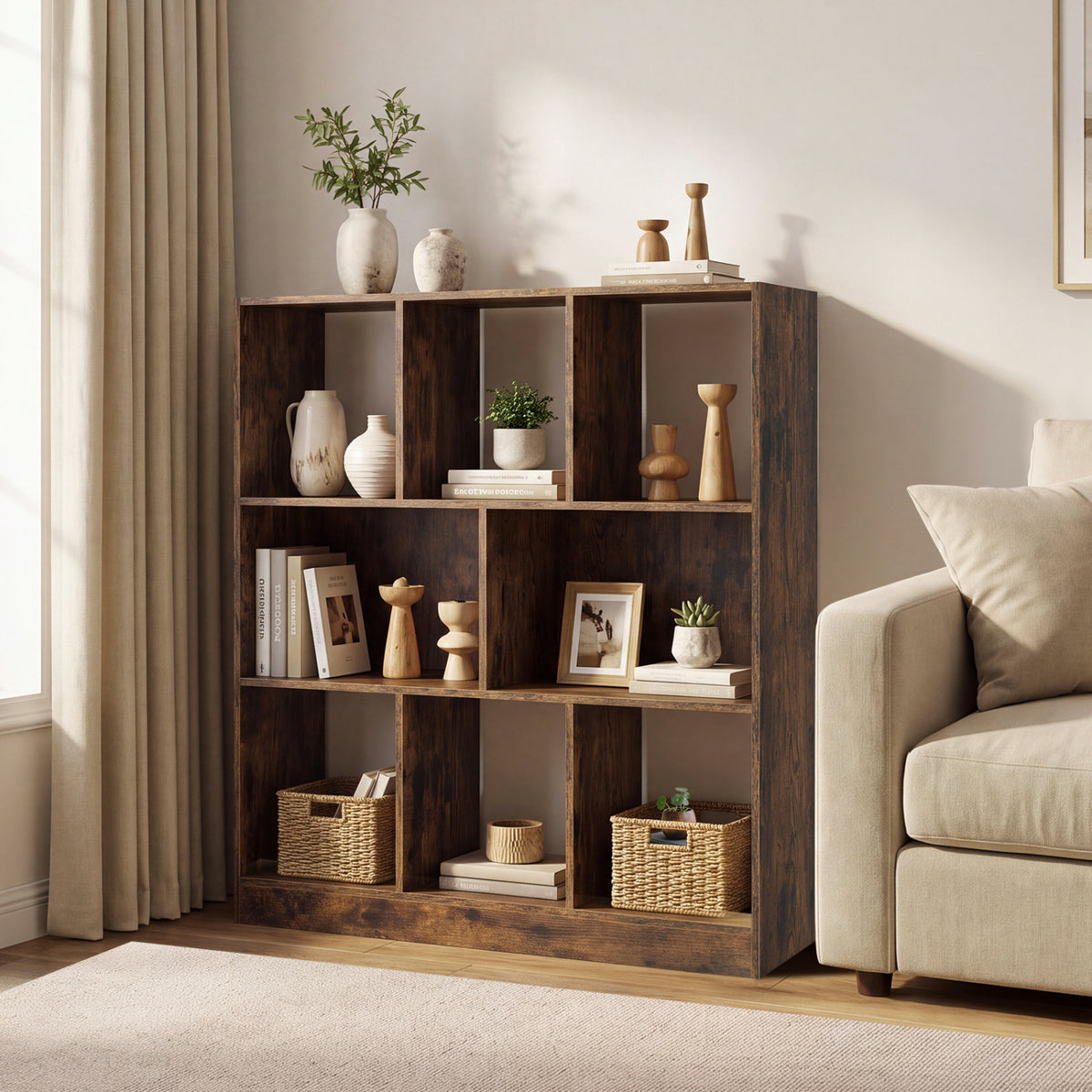 Dark wood cube bookcase with woven baskets and decorative objects beside a light-colored sofa.