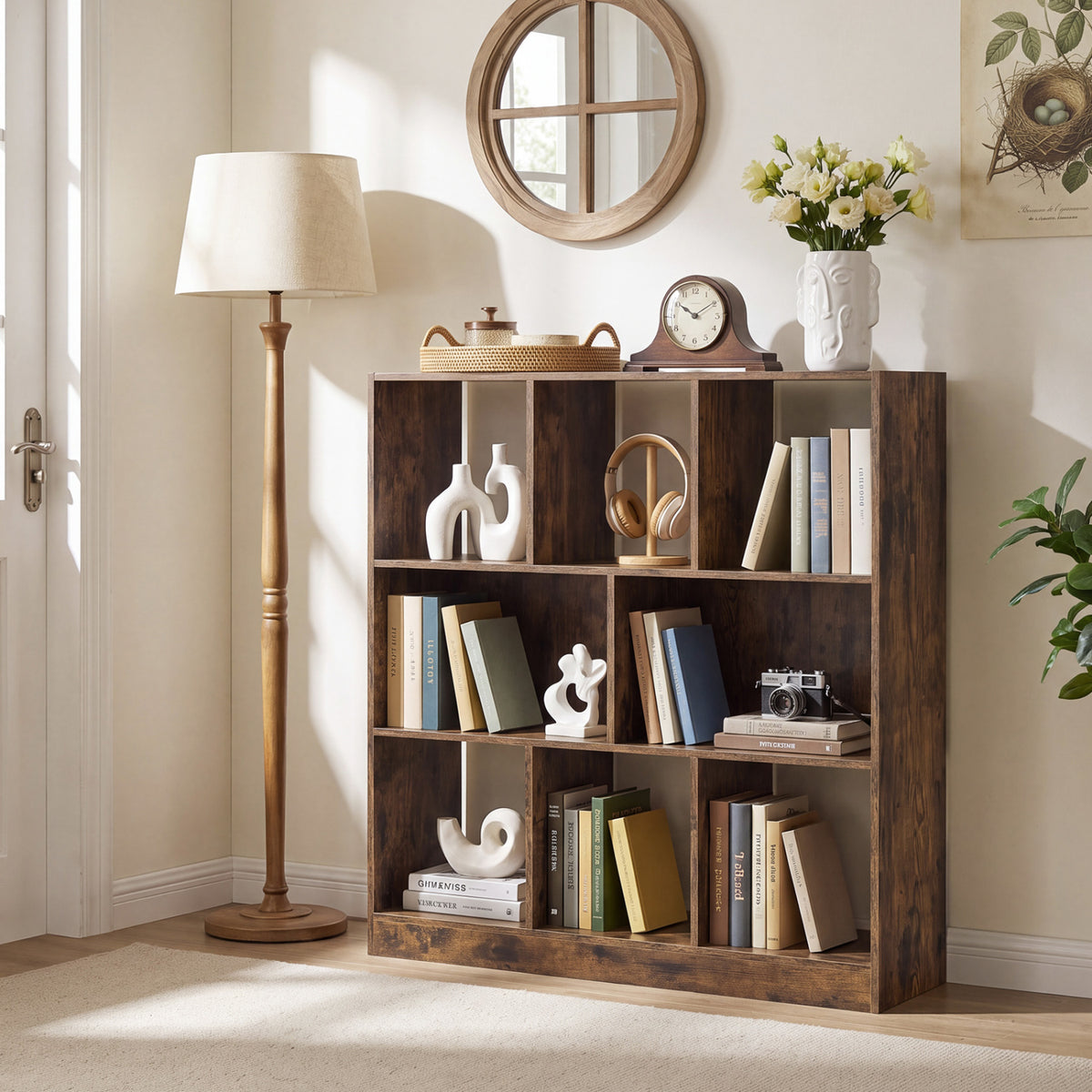 Dark wood cube bookcase styled with books and decor beside a floor lamp and round mirror.