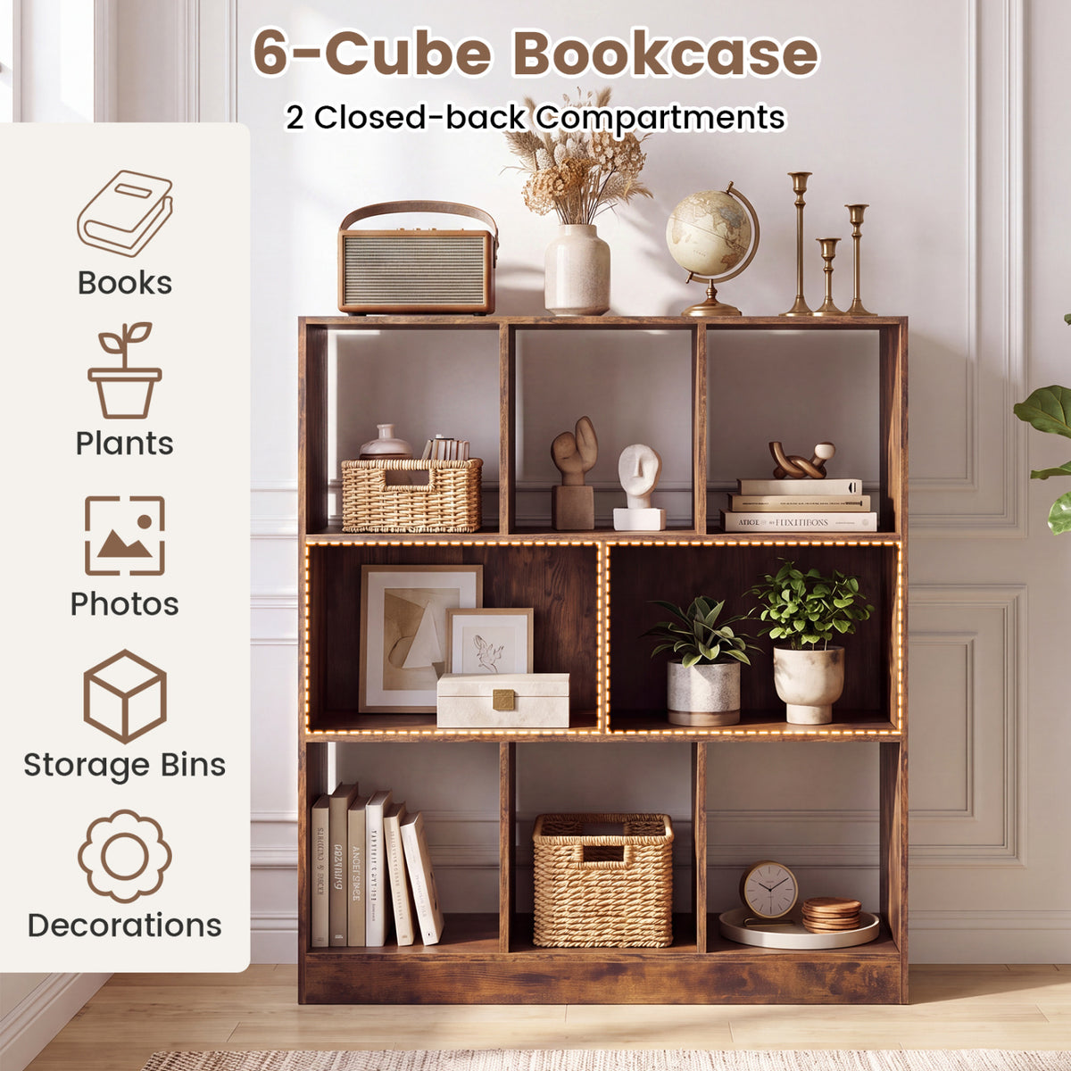 Brown six-compartment bookcase styled with books, plants, baskets and decor against a paneled wall.
