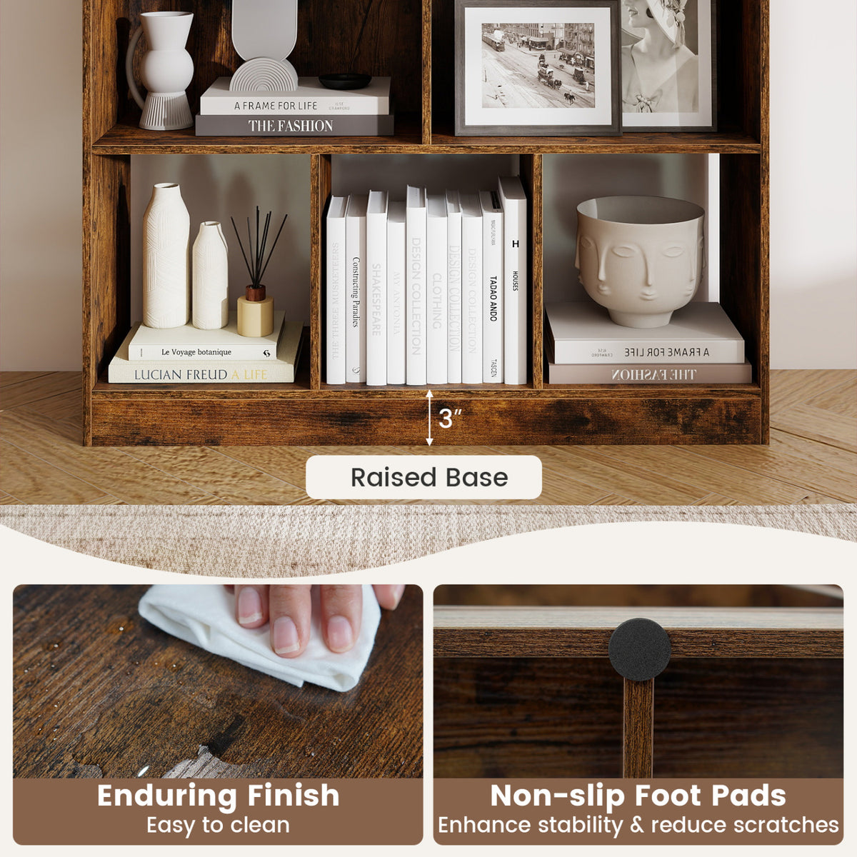 Bookcase compartments and raised base, with close-ups of a wood surface being wiped and a round foot pad.