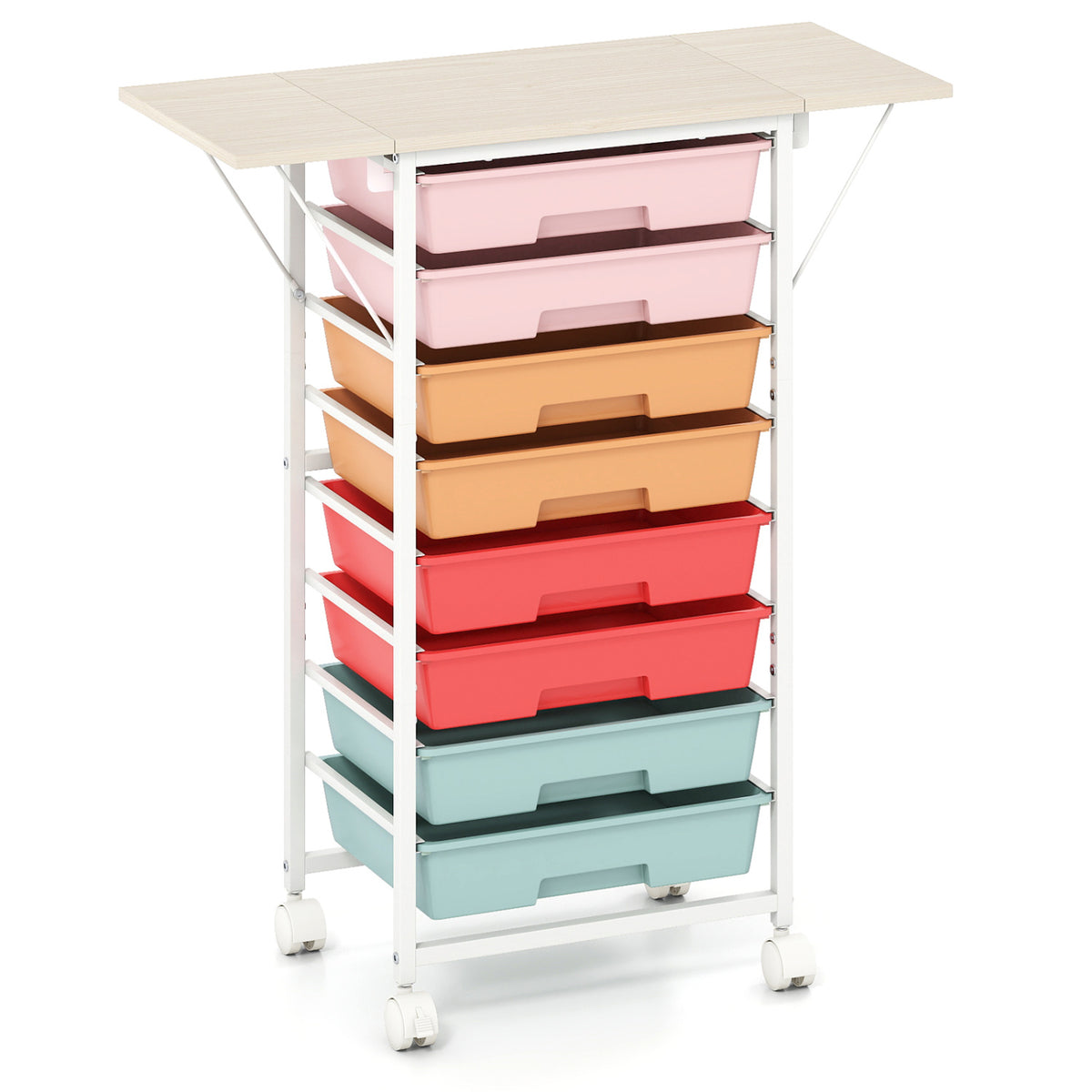 Pastel-drawer cart on wheels with its wide wooden tabletop panels extended.