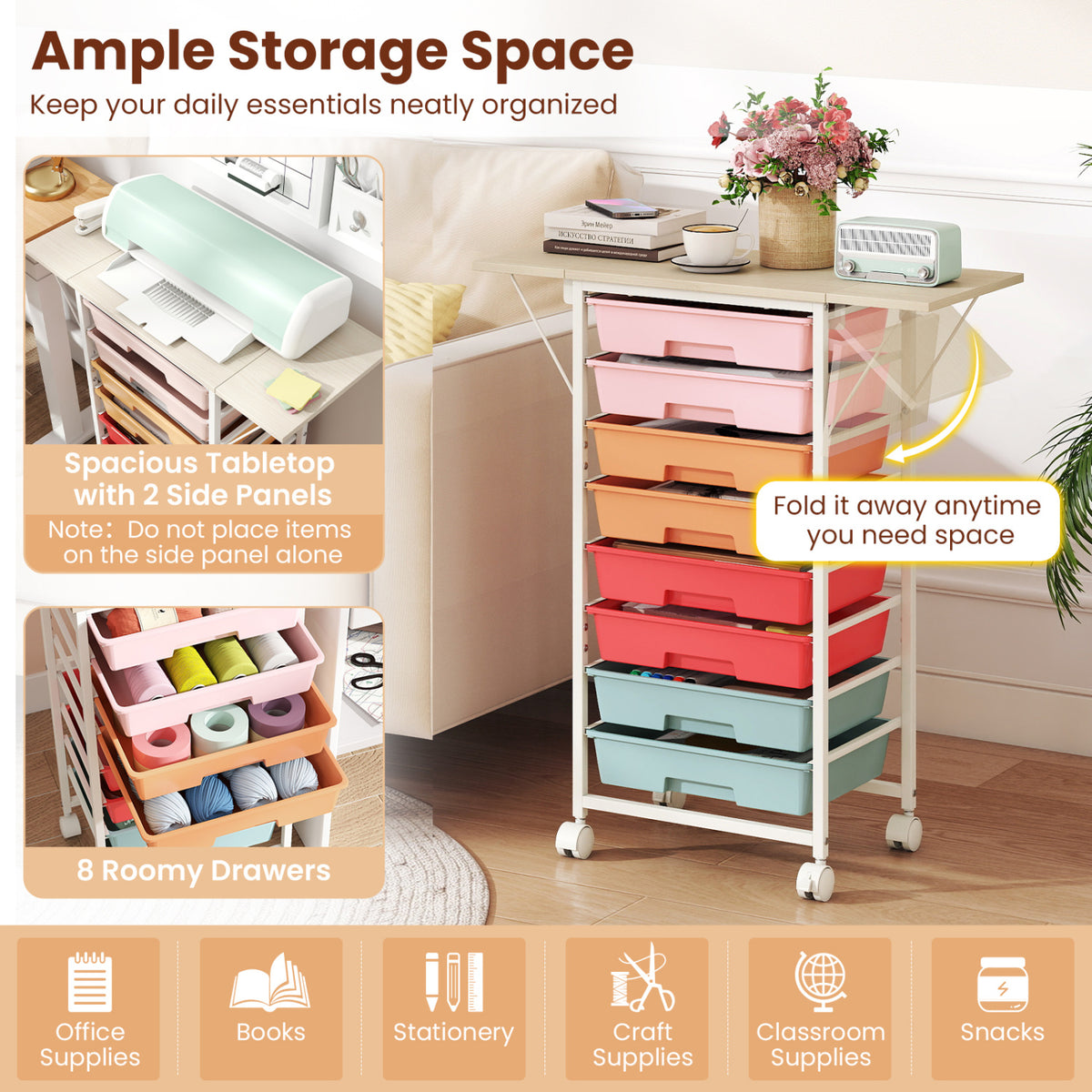 Pastel drawer cart beside a sofa, with inset views of its folding side panels and open drawers.