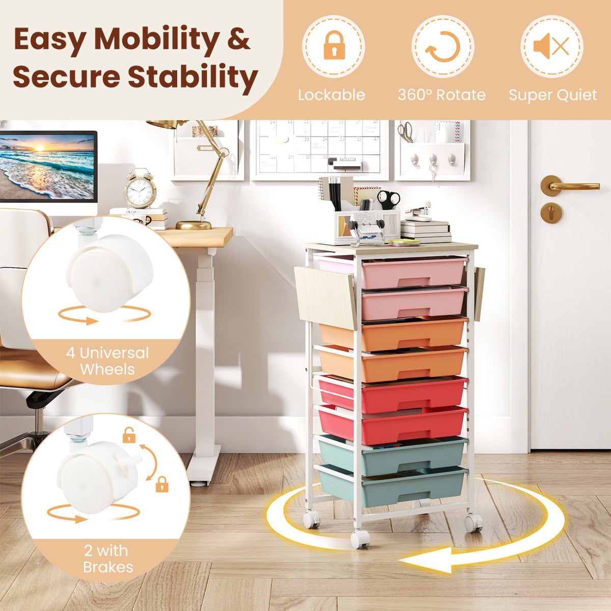 Pastel drawer cart on wheels in a home office, with close-up illustrations of its casters.