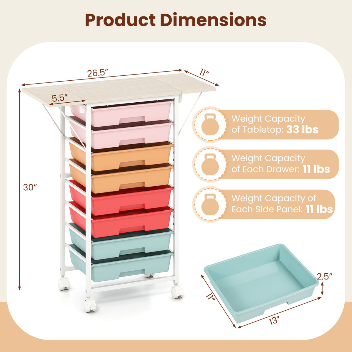 Pastel rolling drawer cart shown with dimension arrows and a separate shallow drawer illustration.