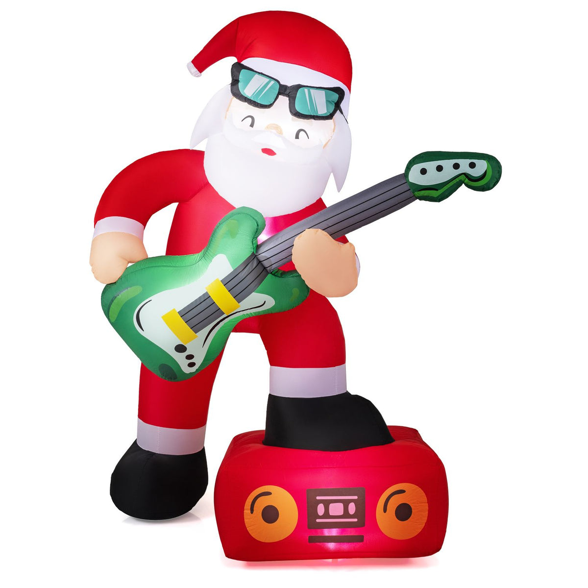 Inflatable Santa leans over a green electric guitar against a plain white background.