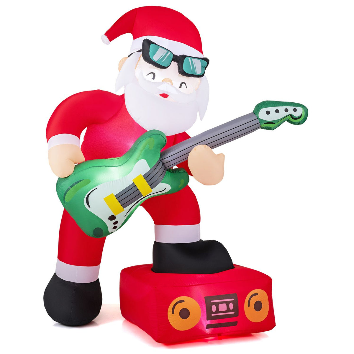 Three-quarter view of the inflatable Santa and guitar, with the red speaker base visible.