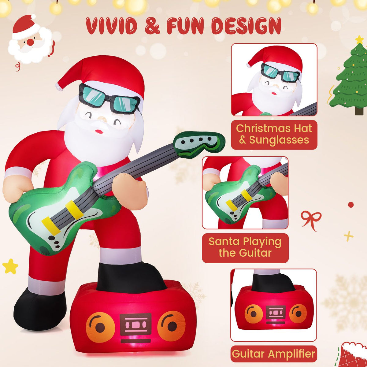 Inflatable Santa with a guitar and speaker, shown alongside close-ups of his face, guitar, and speaker.