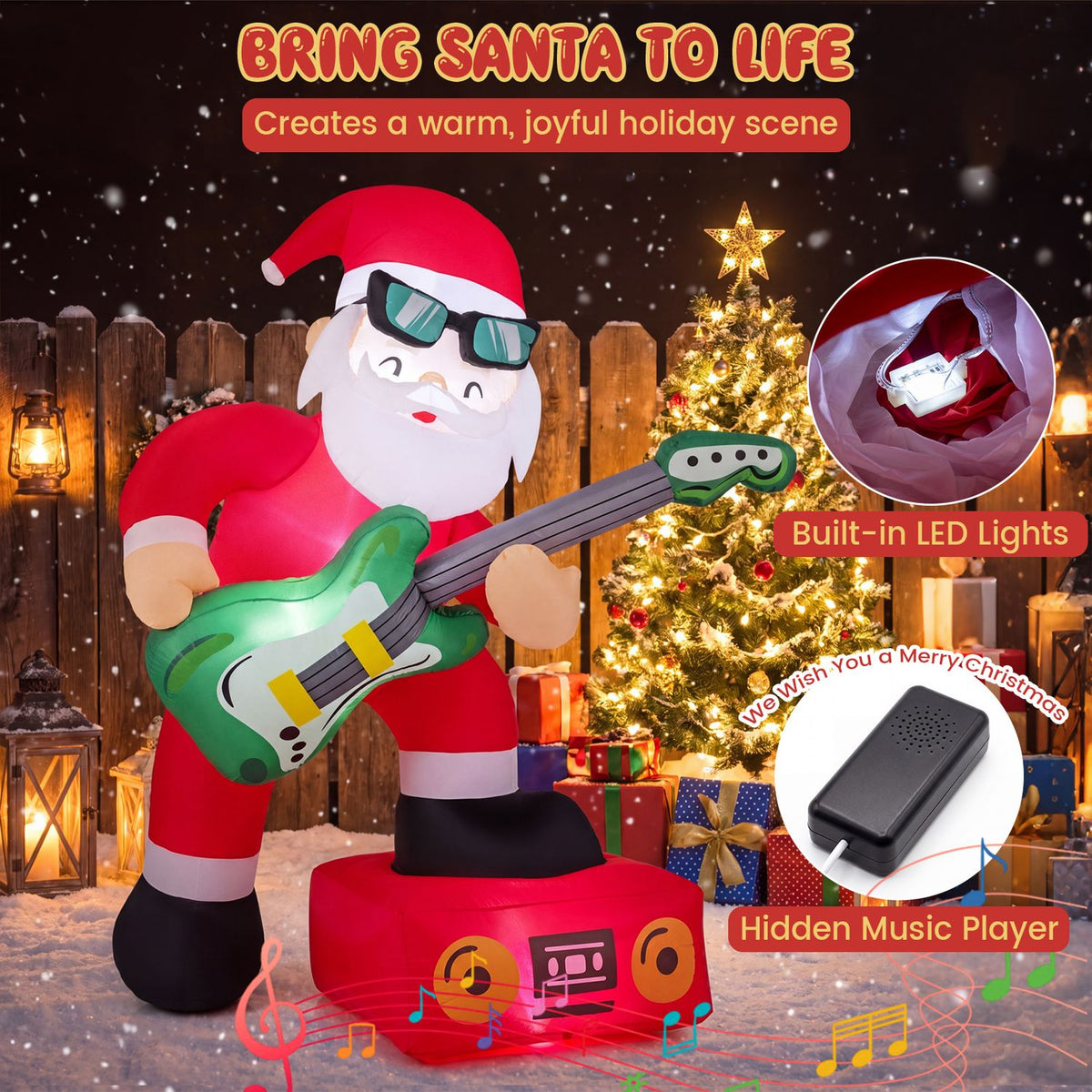 Inflatable Santa plays guitar beside a lit Christmas tree, with inset views of the figure and a black control box.