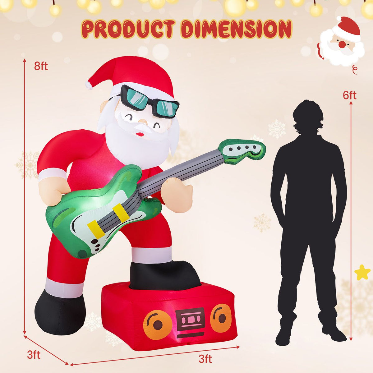 Inflatable Santa wearing sunglasses plays a green guitar above a red speaker, beside a human silhouette.