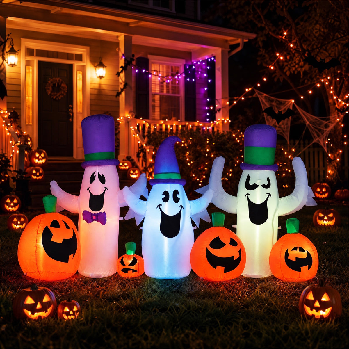 8 FT Blow Up Cute Ghosts and Pumpkins with Built-in RGB LED Lights for Halloween