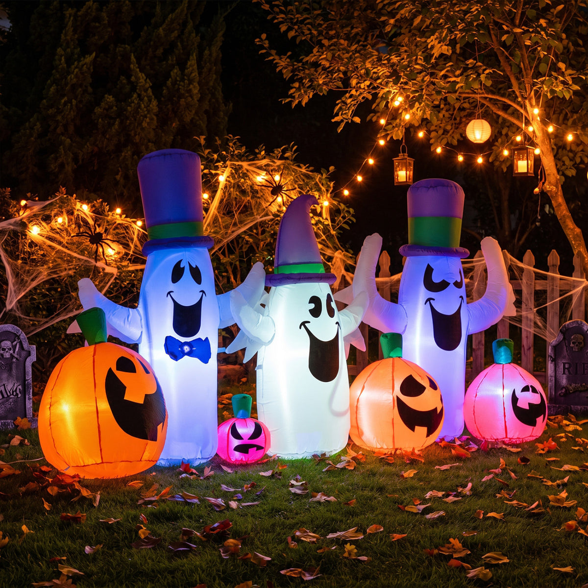 8 FT Blow Up Cute Ghosts and Pumpkins with Built-in RGB LED Lights for Halloween