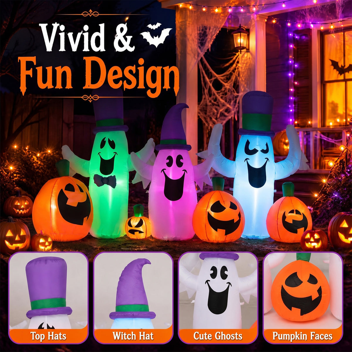 8 FT Blow Up Cute Ghosts and Pumpkins with Built-in RGB LED Lights for Halloween
