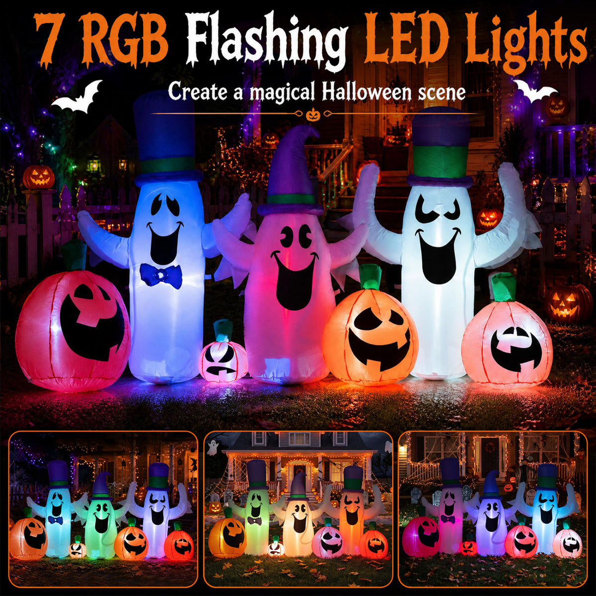 8 FT Blow Up Cute Ghosts and Pumpkins with Built-in RGB LED Lights for Halloween