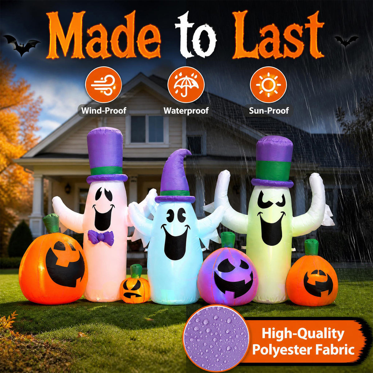 8 FT Blow Up Cute Ghosts and Pumpkins with Built-in RGB LED Lights for Halloween